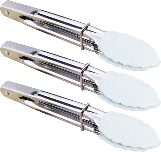 HINMAY 7-Inch Small Serving Tongs with Silicone Tips, Set of 3 (White) | 7-Inch Mini Tongs