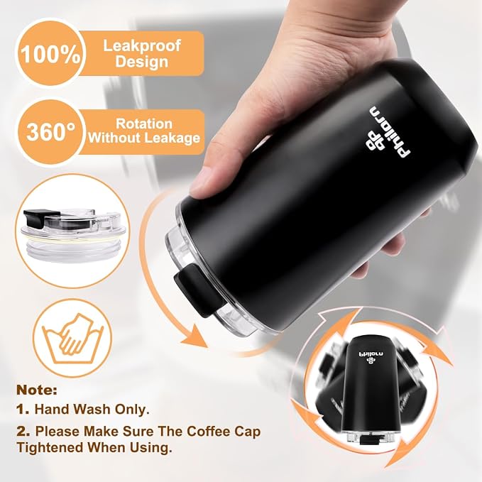 PHILORN Travel Mug Spill Proof - 12 OZ Insulated Coffee Cup With Lid, Black Stainless Steel Coffee Mug with Double Wall, For Hot and Cold Drinks