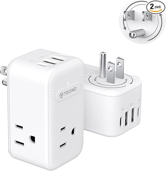 TROND Multi Plug Outlet Extender 2 Pack, 3 Way Outlet Splitter with 360 Rotating Plug, PD 20W USB C Charger Station, Sideways Adapter for Kitchen Bathroom Cruise Ship Travel Essentials