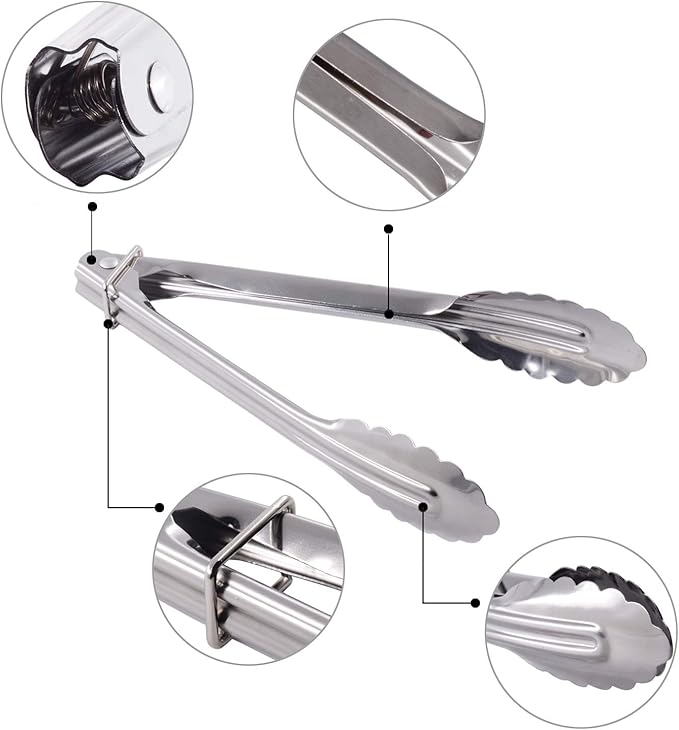 HINMAY 7-Inch Small Stainless Steel Serving Tongs, Set of 3 (Silver) | 7-Inch Mini Metal Salad Tongs