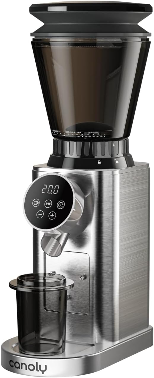 Canoly Conical Burr Coffee Grinder, LED Smart Touch with 48 Grind Settings & 40s Timer, 250g Hopper, Anti-Static Technology, Low-Retention, 3-in-1 Design for Home Use, Stainless Steel