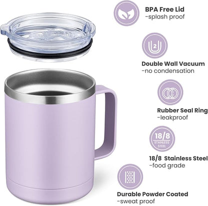 MEWAY 12oz Coffee Mug With Handle 2 Pack Bulk,Stainless Steel Insulated Travel Tumblers With Sliding Lid,Double Wall Vacuum Camping Cup for Hot & Cold Drinks Tea (Lilac&Pink,Set of 2)