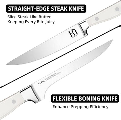 Knife Set, 15 Pcs Kitchen Knife Block Set, Enduring Razor-Sharp Japanese High Carbon Stainless Steel Chef Knife Set with Block and Sharpener, Premium Knives Set for Kitchen, White Acacia