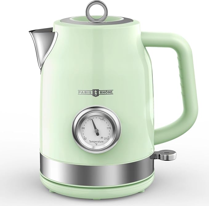 Retro Electric Kettle, PARIS RHÔNE 1.7L Hot Tea Kettle with Thermometer, 1500W Fast Heating, Cordless Design, LED Indicator, Auto Shut-Off & Boil Dry Protection