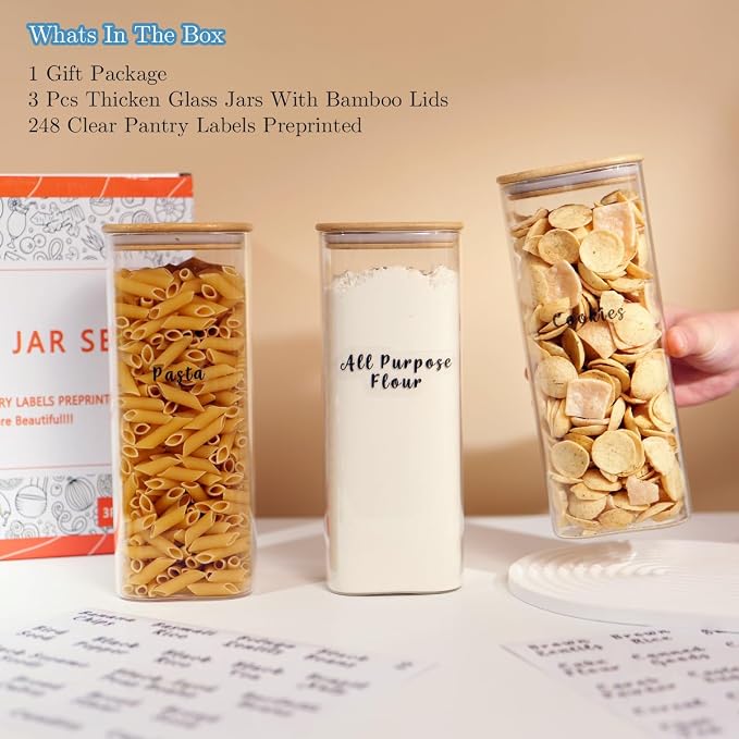 3 Pcs Square Glass Pantry Storage Containers with Bamboo Airtight Lid and 248 Clear Pantry Labels Preprinted - 62oz Thicken Glass Food Storage Jars for Coffee, Cookie, Tea, Sugar, Spice