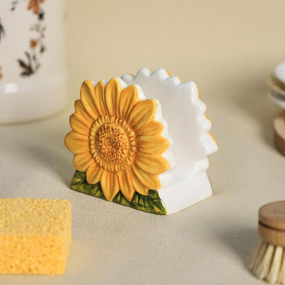 Ceramic Sunflower Sponge Holder for Kitchen Sink, Compact Sink Caddy Organizer, Flower Scouring Pad and Dish Sponge Holder