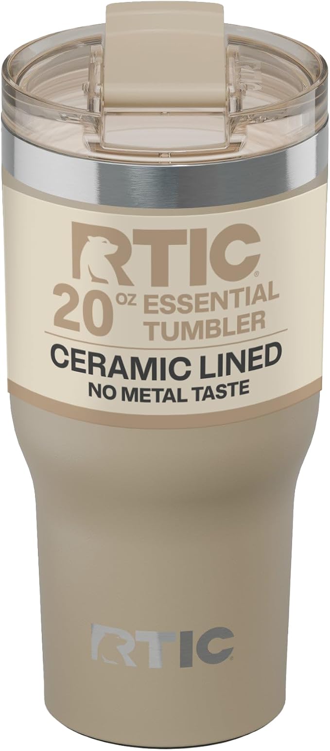 RTIC 20oz Essential Tumbler with Lid, Ceramic Lined, Insulated, Stainless Steel, Metal, Double Wall Vacuum-Insulation, Travel Cup for Iced Coffee, Tea, Hot and Cold Drink, Beach