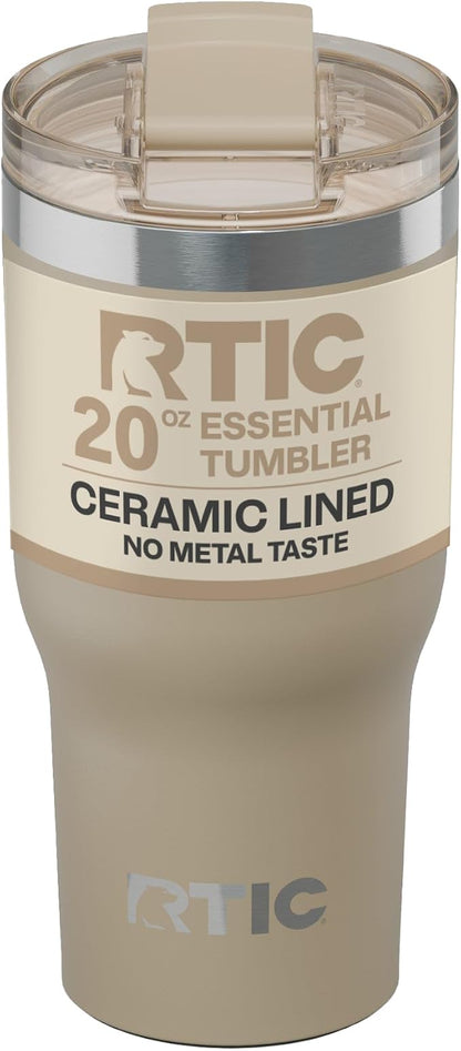 RTIC 20oz Essential Tumbler with Lid, Ceramic Lined, Insulated, Stainless Steel, Metal, Double Wall Vacuum-Insulation, Travel Cup for Iced Coffee, Tea, Hot and Cold Drink, Beach