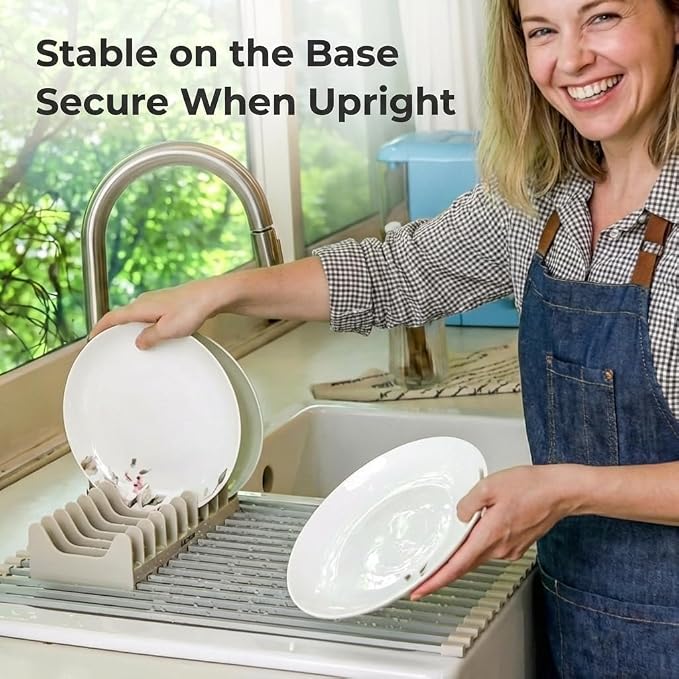 Small Aluminum Roll Up Dish Drying Rack (9" x 13") - Fits Sink Openings up to 8.5", for Narrow Sink Only, Square Bar, Rust-Proof, with Dish Holder (Beige)