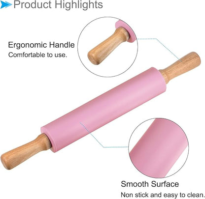 Silicone Rolling Pins, 17" Length, Silicone & Oak Non-Stick Ergonomic Wooden Handle Fondant Dough Roller Pink - (Applications: for Baking DIY Projects)