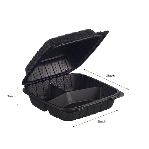 8X8" 3-Compartment 50-Pack Plastic Clamshell Takeout Food Trays Heavy Duty Togo Disposable Box For Pasta Salad Sandwich Carryout Meal Prep Packaging Catering Hinged Containers With Secure Snap Lid
