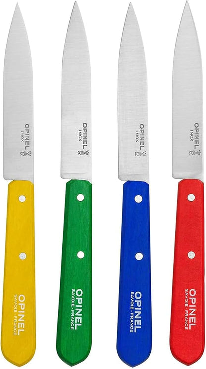 Opinel No. 112 Paring Knives Box Set, 4 Piece Paring Knife Set, High Carbon Steel for Chopping, Peeling, Slicing, Trimming, Painted Hornbeam Handles, Made in France (Classic), One Size, (001233)