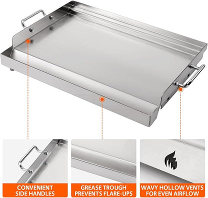 LotFun 17" x 13" Stainless Steel Cooking Griddle for Outdoor Gas Grill, Universal Griddle Flat Top Plate Insert with Grease Groove and Removable Handles for Electric/Charcoal/Gas Grill, Camping,Party