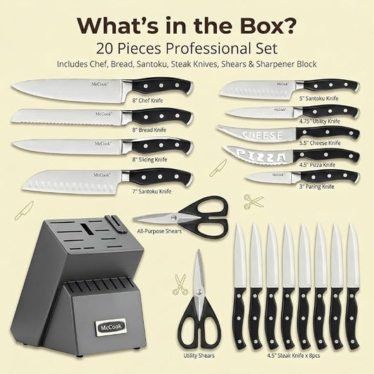 McCook® Knife Sets, German Stainless Steel Forged Kitchen Knives Block Set with Built-in Knife Sharpener