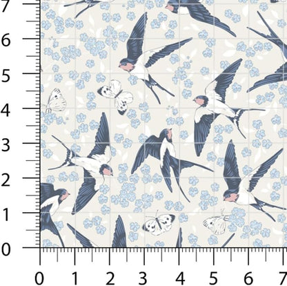 Patchwork Fabric Panel 100x155 cm, 100% Cotton Satin, 6 Coordinated Floral & Bird Patterns, Soft Blue Pink Quilting & Sewing Fabric (Spring Swallows, 6pcs 50x50cm)