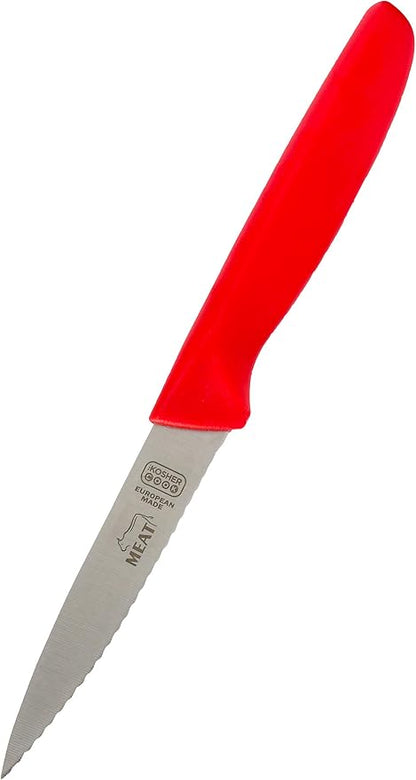 Meat Red Kitchen Knife - 4" Steak and Vegetable Knife - Razor Sharp Pointed Tip, Serrated Edge - Color Coded Kitchen Tools by The Kosher Cook