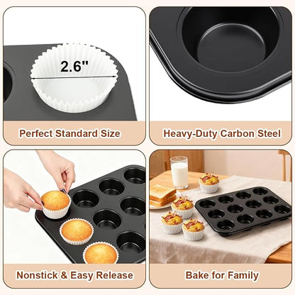 Muffin Pan & Cupcake Pan, 2 Pack 12-Cup Muffin Tin for Baking with 120 Cupcake Liners, Nonstick Heavy Duty Carbon Steel Cupcake Tins, Scratch Resistant Baking Pans Set for Family & Party