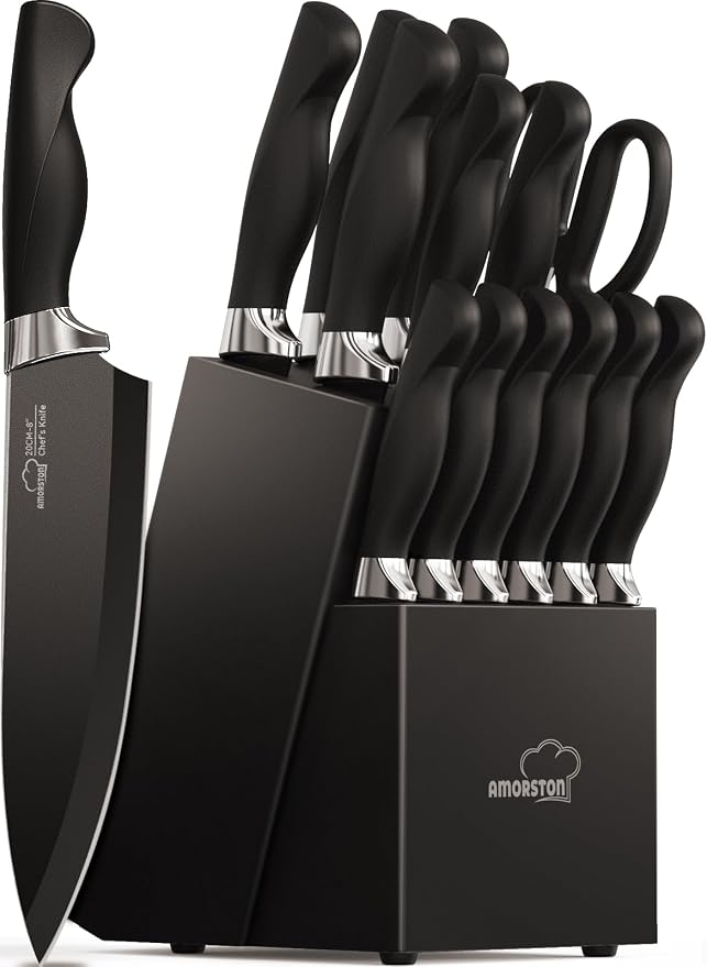 Amorston Knife Set, 15 Piece Kitchen Knife Set with Block and Built in Sharpener, German Stainless Steel Dishwasher Safe Knife Block Set, Black Kitchen Knives Set for Home Cooking Fathers Day Gift