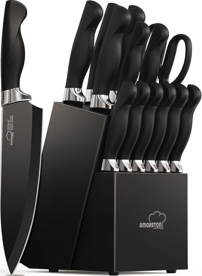 Amorston Knife Set, 15 Piece Kitchen Knife Set with Block and Built in Sharpener, German Stainless Steel Dishwasher Safe Knife Block Set, Black Kitchen Knives Set for Home Cooking Fathers Day Gift