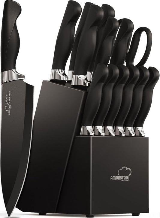 Amorston Knife Set, 15 Piece Kitchen Knife Set with Block and Built in Sharpener, German Stainless Steel Dishwasher Safe Knife Block Set, Black Kitchen Knives Set for Home Cooking Fathers Day Gift