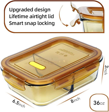 DAS TRUST 5 Pack 36oz Amber Food Storage Containers 2 Compartments Glass Meal Prep Containers with Lids Lunch Containers Adult Food Prep with Dividers