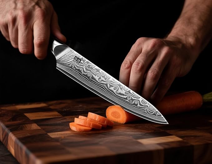 SHAN ZU Damascus Chef Knife, Utility Knife 6 Inch Japanese Steel Damascus Kitchen Knife, 67 Layers Professional High Carbon Super Steel Kitchen Knives with Ergonomic G10 Handle