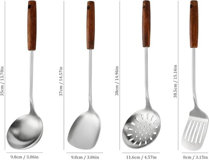 304 Stainless Steel Kitchen Utensils Set, 4 Pcs Long Cooking Utensils Set with Wooden Handle, Large Heat Resistant Kitchen Tools(Dishwasher Safe)