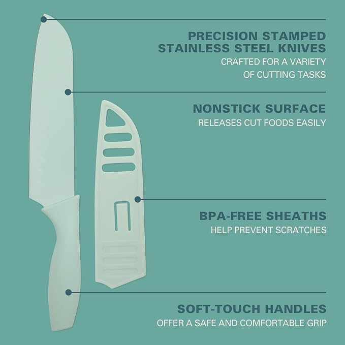 Gibson Home Bostonville 12 Piece Kitchen Knives Set W/Blade Guards/Sheaths, Chef Knife Sets With Nonstick Blades - Blue