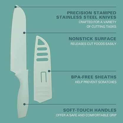 Gibson Home Bostonville 12 Piece Kitchen Knives Set W/Blade Guards/Sheaths, Chef Knife Sets With Nonstick Blades - Blue