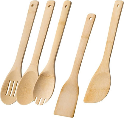 Wooden Spoons for Cooking, 5PCS Wooden Utensil Set Includes Slotted Spoon, Wooden Spoon & Wooden Spatula, Bamboo Cooking Utensils for Non-Stick Pans, Natural Bamboo Utensils
