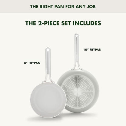 GreenPan Nova 8” & 10” 2 Piece Frying Pan Skillet Set, Oprah’s Favorite Things 2024, Induction Suitable PFAS-Free Nontoxic Ceramic Nonstick, Dishwasher & Oven Safe, Quick Even Heating, Cream White
