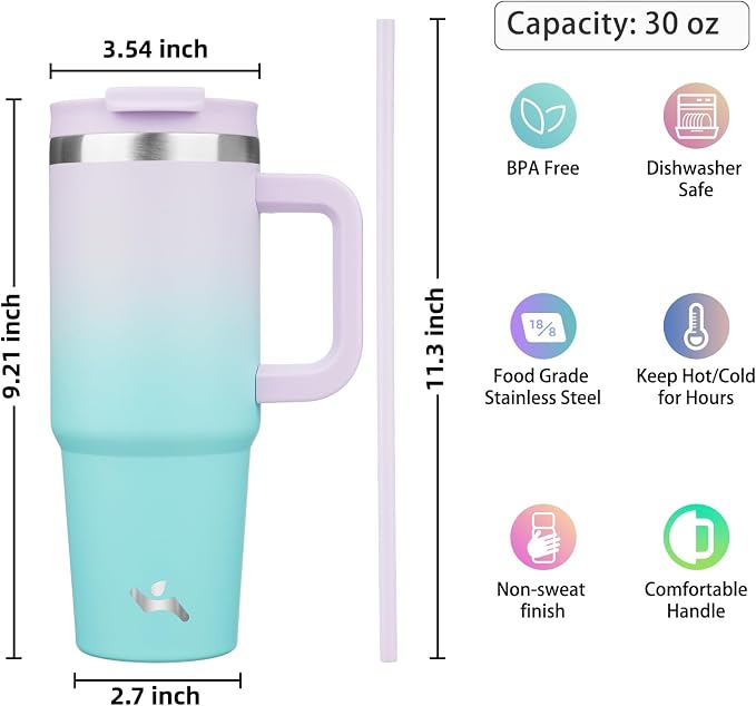 Konokyo 30 oz Tumbler with Handle and 2 Straws,2 in 1 Lid Insulated Water Bottle Stainless Steel Travel Coffee Mug,Lavender Green