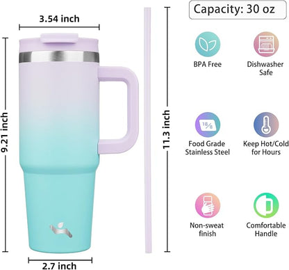 Konokyo 30 oz Tumbler with Handle and 2 Straws,2 in 1 Lid Insulated Water Bottle Stainless Steel Travel Coffee Mug,Lavender Green