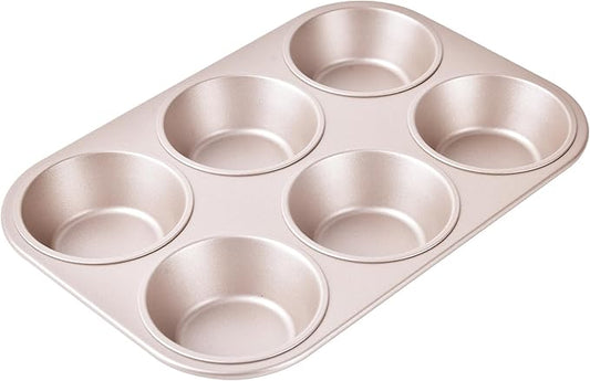 Muffin Cake Pan, 6-Cavity Heavy Duty Carbon Steel Non-Stick Cupcake Pan, Bakeware for Oven Baking Brownies, Cheesecakes (Champagne Gold)