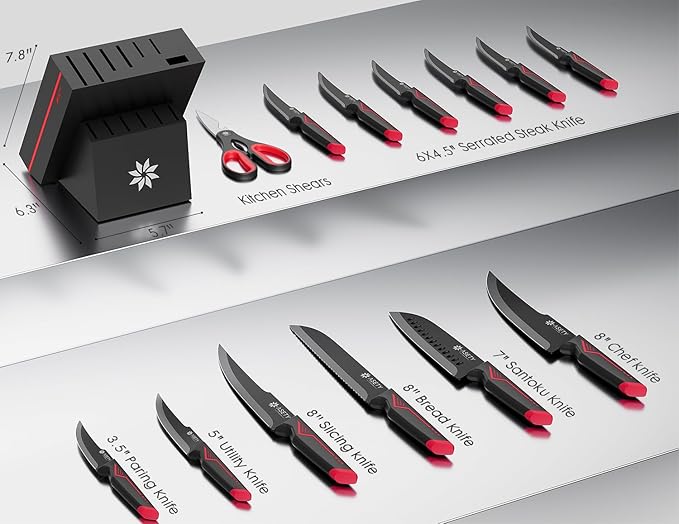 Knife Set - 15 PCS Kitchen Knife Set with Built-in Knife Sharpener Block - Stainless Steel Knife Block Set - Dishwasher Safe, Elegant Box for Men Women, Fathers day, Red