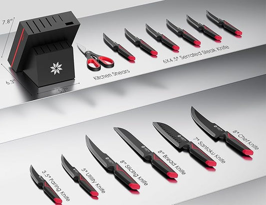 Knife Set - 15 PCS Kitchen Knife Set with Built-in Knife Sharpener Block - Stainless Steel Knife Block Set - Dishwasher Safe, Elegant Box for Men Women, Fathers day, Red