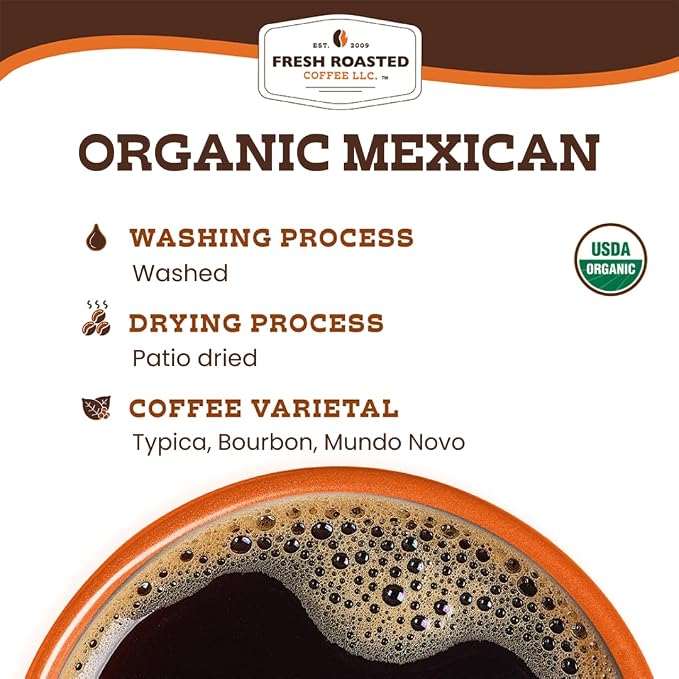 Fresh Roasted Coffee, Organic Mexican Whole Bean Coffee, Medium Roast, USDA Organic, 3rd Party Tested for Mold, Mycotoxin & Pesticides, Kosher, 5 lb (80 oz)
