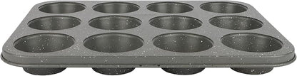 David Burke 12-Cup Muffin Pan, Carbon Steel, PFTE & PFOA Free, Oven Safe, Diamond Textured Surface – Gray Speckle