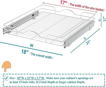 OCG Pull Out Cabinet Organizer 2 Pack (18" W x 21" D), Pull out Shelves 1 Tier, Cabinet Slide Out Shelves for Base Cabinet Organization in Kitchen Bathroom Pantry, Bottom Mount, Chrome Finish