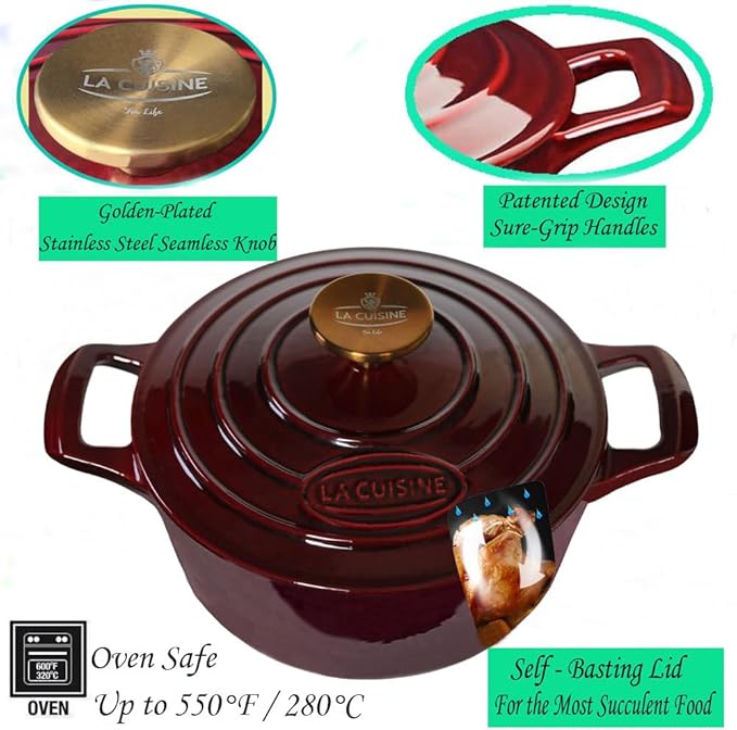 La Cuisine Enameled Cast Iron Dutch Oven Casserole Dish Pot with Lid, 2.1 QT 7.9“ /20cm Dia. Internal Matt Black Enamel Coating, Gold-Plated SS Lid Handle Oven Safe up to 500° F, Cranberry