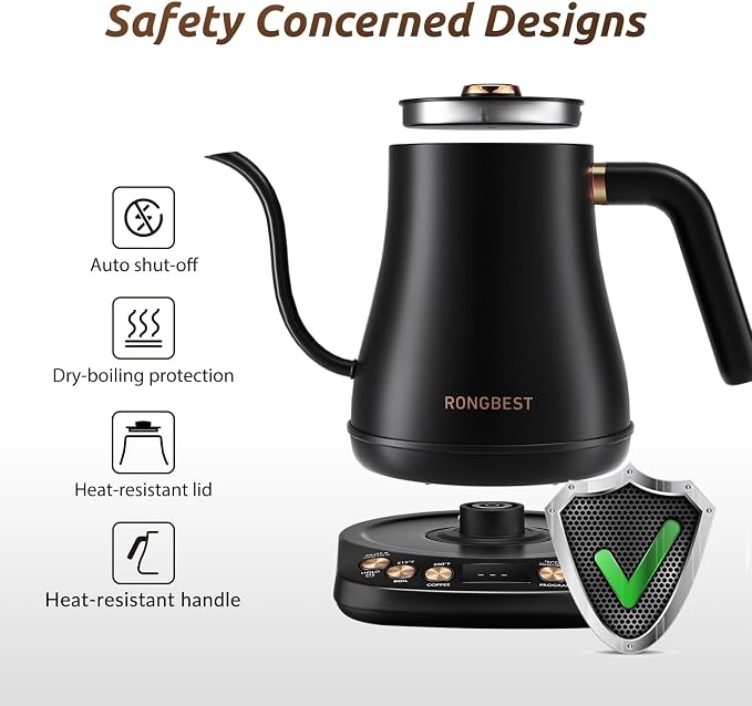 RONGBEST Electric Gooseneck Kettle 1L, 6 Temperature Control Presets, 1200W Quick Heating Water Pour Over Coffee & Tea Pot with Auto Shut-off & Keep-warm, Stainless Steel Inner & Lid, Matte Black