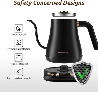 RONGBEST Electric Gooseneck Kettle 1L, 6 Temperature Control Presets, 1200W Quick Heating Water Pour Over Coffee & Tea Pot with Auto Shut-off & Keep-warm, Stainless Steel Inner & Lid, Matte Black