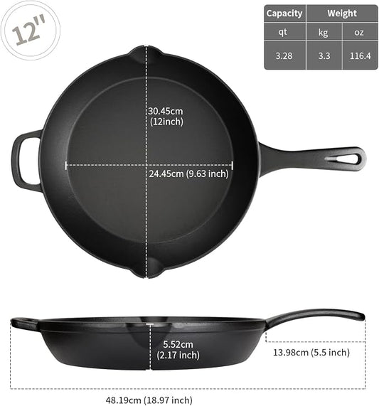 12 Inch Cast Iron Skillet, Pre-Seasoned, Dual Pour Spouts | Pre-seasoned 12" family skillet for steaks & one-pan meals. Serves 3-4. Dual pour spouts. No lid. Induction & oven safe.