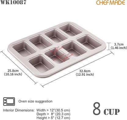 CHEFMADE Brownie Cake Pan, 8-Cavity Non-Stick Rectangle Muffin Pan Bakeware for Oven Baking(Gold)