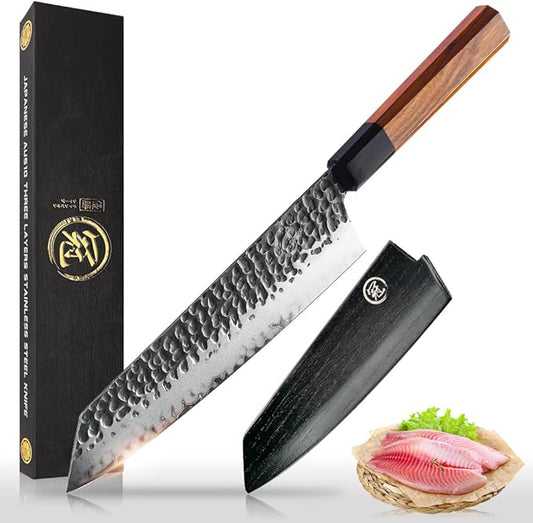 9 Inch Kiritsuke Chef Knife Japanese Handmade Forged Pro Sharp Kitchen Knife,AUS10 High Carbon 3-layer Steel Meat Vegetable Sushi Knife(Rosewood Handle & Gift Box)