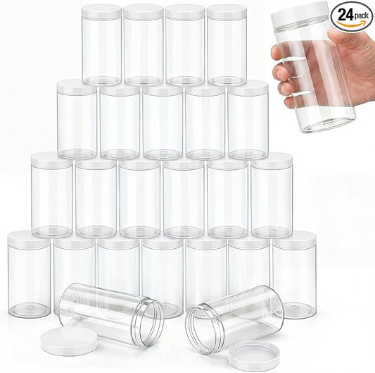 SATINIOR 24 Pieces Empty Clear Plastic Jars with Lids Round Storage Containers Wide Mouth for Beauty Product Cosmetic Cream Lotion Liquid Butter Craft and Food(White Lid,32 oz)