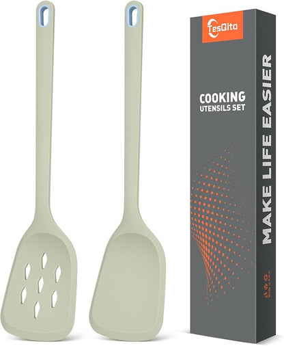 Silicone Cooking Spatula&Slotted Spatulas, Pack of 2,Solid Turner Kitchen Utensils Set for Cooking,Frying, Baking, Flipping, Turning,Heat Resistant 450℉ (Green)