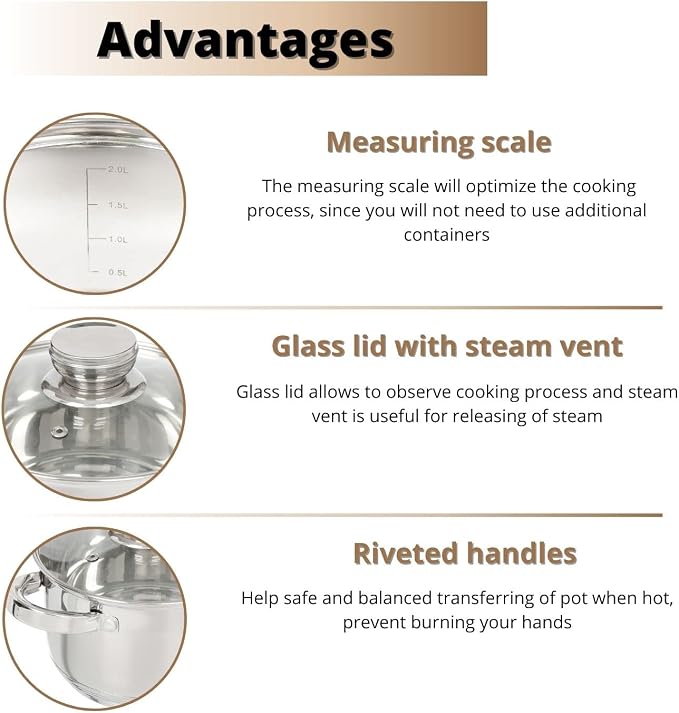 Daniks Standard 10 Quart Stainless Steel Stock Pot with Glass Lid, Tri-Ply Bottom for Even Heating, Induction Compatible, Dishwasher Safe, Built-In Measuring Scale, Silver