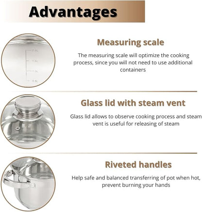 Daniks Standard 10 Quart Stainless Steel Stock Pot with Glass Lid, Tri-Ply Bottom for Even Heating, Induction Compatible, Dishwasher Safe, Built-In Measuring Scale, Silver