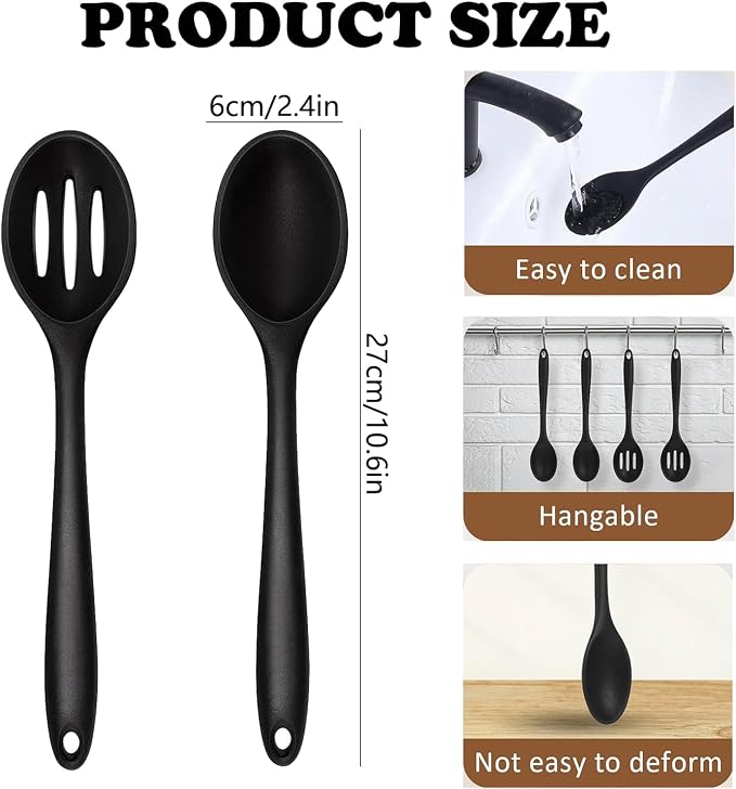 Silicone Cooking Spoons Set of 2,10.6 inch Non Scratch Solid and Slotted Spatula Spoons for Baking, Cooking, Serving, Dishwasher Safe, Heat Resistant Kitchen Utensils (Black)
